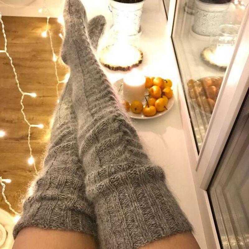 Women Winter Warm Breathable Long Johns Mohair Knee Length Knitted Wool Stretch High Sockings Femboy Leg Warmers Kawaii Clothes