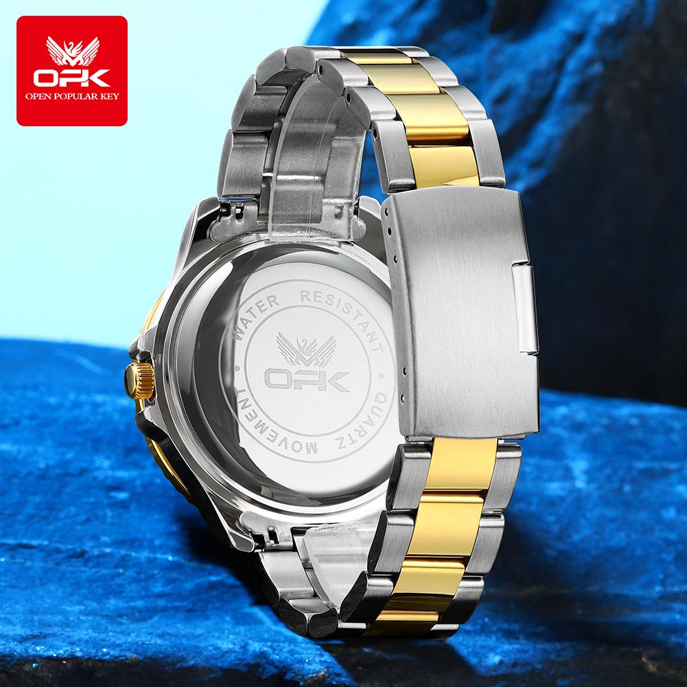 OPK Brand Men's Steel Strap Watch Dual Calendar Quartz Waterproof Night Light 8171