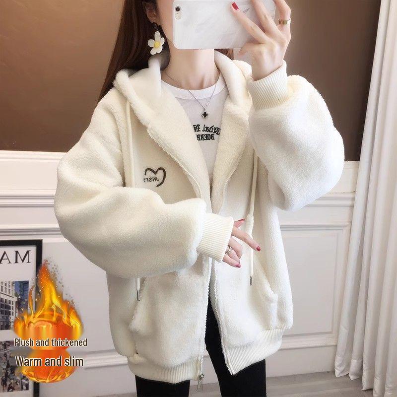 Women's Hooded Fleece Jacket 2025: Thick Lambswool Cardigan for Autumn/Winter
