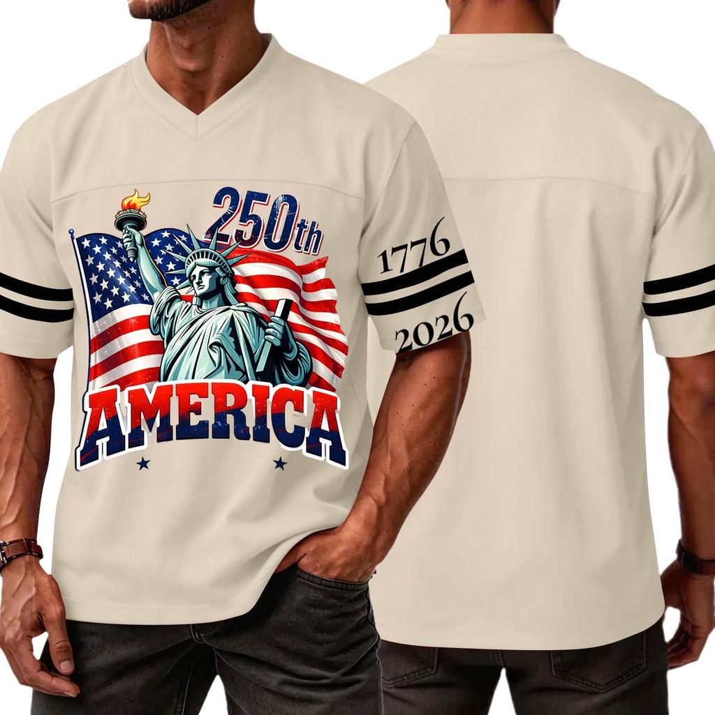Men's Casual V Neck Jersey 250th America Independence Day Printed Short Sleeve Sports T Shirt Top with Lettering