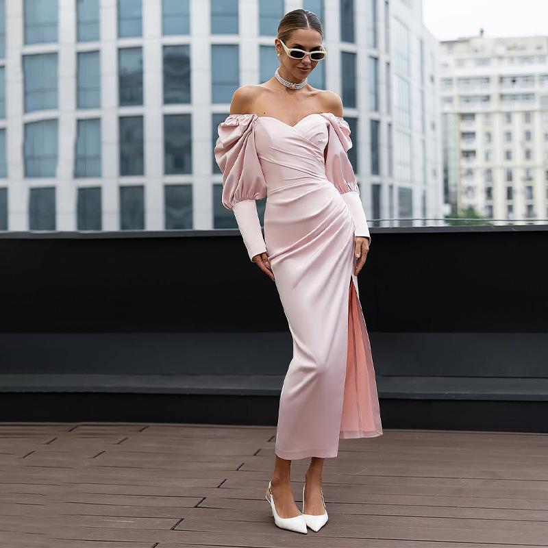 

2025 Осень Женское Однотонное Платье с Длинным Рукавом Без Бретелек С Открытой Спиной и Разрезом XXXL розовый