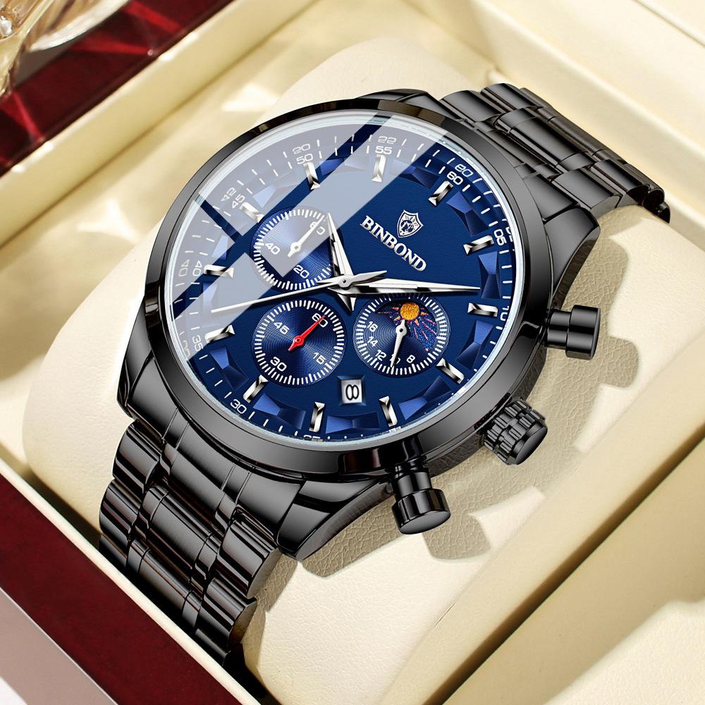 

BINBOND Luxury Man Wristwatch Luminous Chronograph Men Watch Stainless Steel Men s Quartz Watches синій/чорний