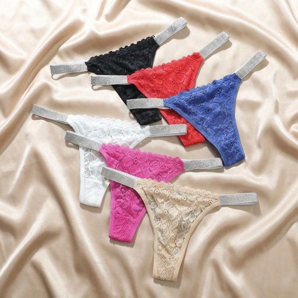 Transparent Lace Flower Panties Mid Waist Mesh Briefs Breathable Rhinestone Thong Ladies