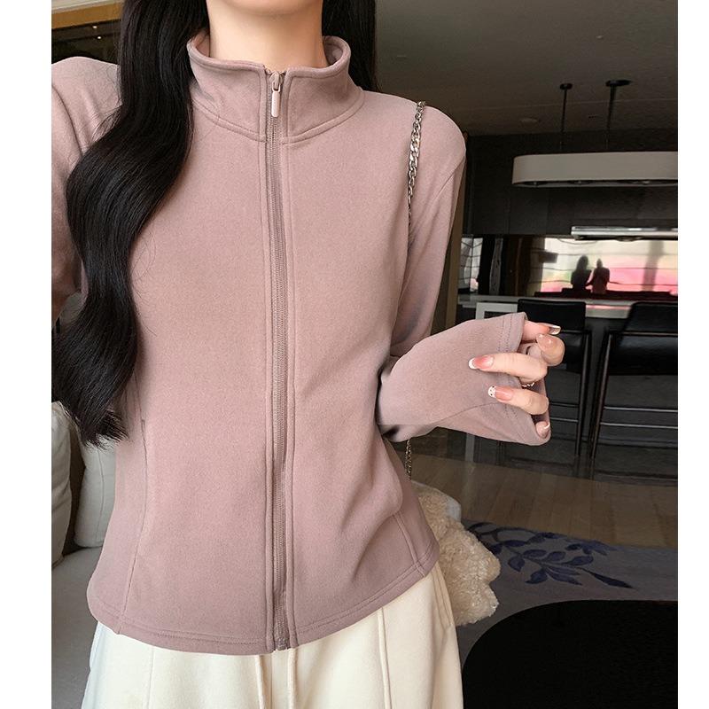 Women S Stand Collar Zip Up Thick Slim Fit Long Sleeve Jacket With Pockets