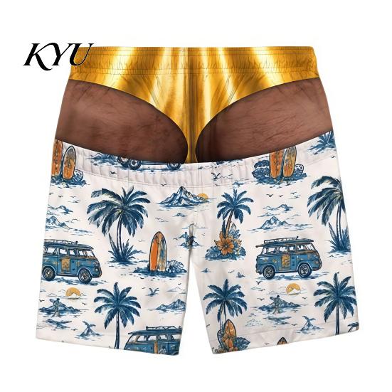Summer Party Tricky Swimwear Hairy Big Booty Shorts, USA Flag Print Men Swim Trunks, Golden Funny 3D Visual Effect Shorts Briefs Design, Beach