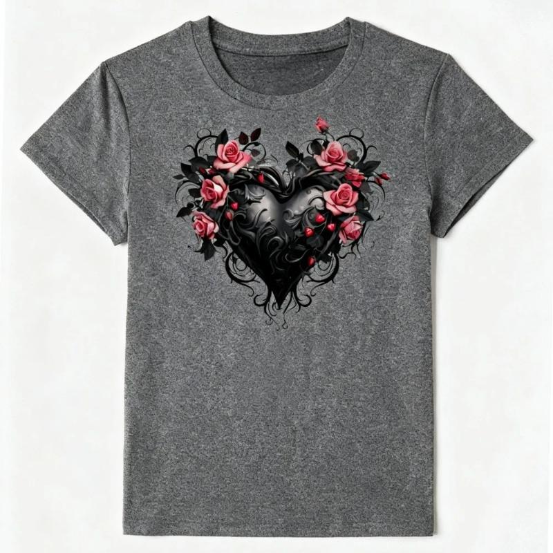 Women's Casual T-Shirt Gothic Heart Rose Unique Floral Heart Pattern T-Shirt for Women