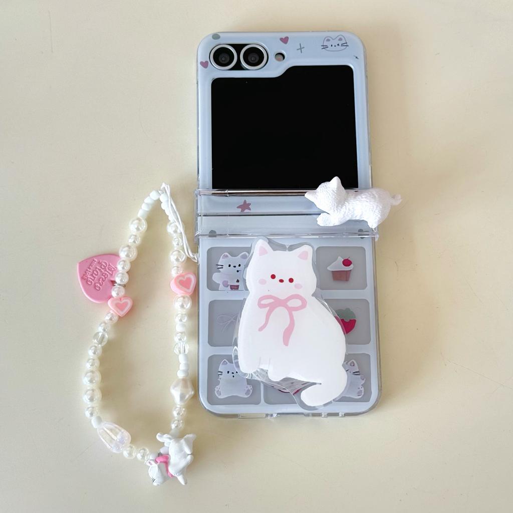 For Samsung Galaxy Z FLIP 7 6 5 4 3 Flip7 FE Flip6 Rope Strap Pendant Fold Phone Case Cute Animal Kitten Holder Shockproof Cover
