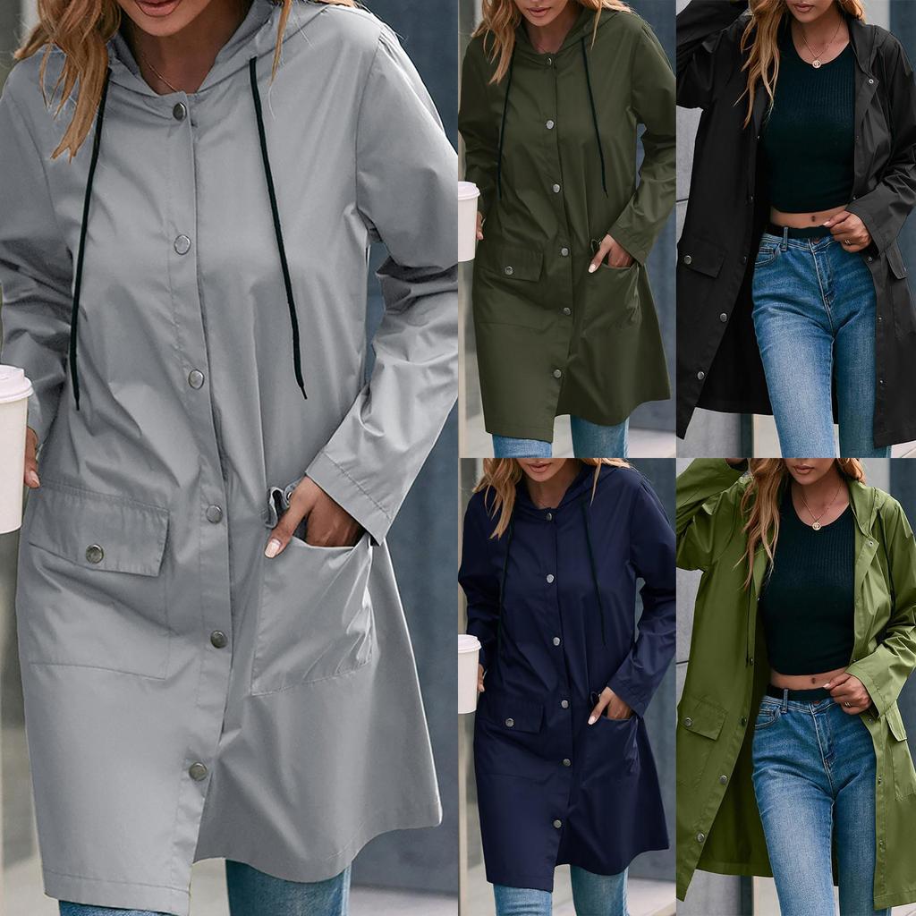 Women's Fashion-Simple Solid Color Outdoor Sports Single-breasted Pocket Windproof And Rainproof Hooded Mid-length Windbreaker Jacket