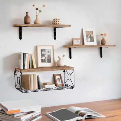 Yousheng Badezimmer Wand schwebendes Regal mit Metallkorb Rustikales Holz Über WC Wandmontage Regal Home Office Wohnzimmer Aufbewahrung Organizer Regal