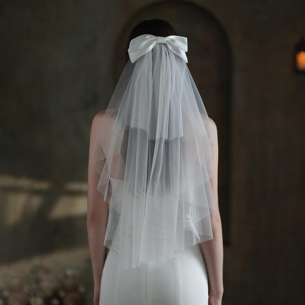 WTEMPO White Bridal Veil Registration Photo Props Wedding Bow Headwear Engagement Proposal Confession Fluffy Veil