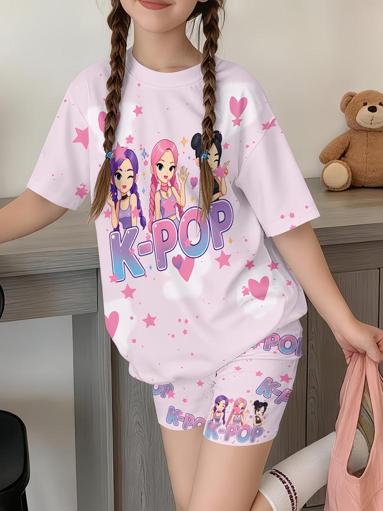 Costum Sport Kawaii cu Imprimeu Anime pentru Copii Design cu Scrisoare Norocoasă Tricou cu Mânecă Scurtă și Pantaloni Scurți Set din 2 Piese Haine Casual de Vară pentru Fete