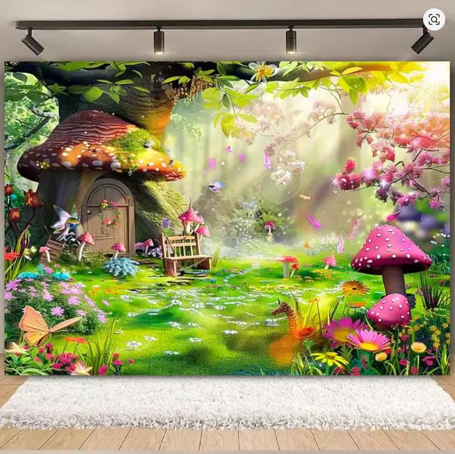 Fantasy Wonderland Jungle Mushroom House Fairy Tale Magic Photography Background Children's Birthday Party Decoration Background