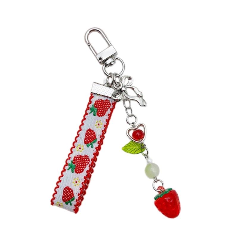 Lace Ribbon Keyring Cute Sweet Strawberry Pendant Keychain Colorful Beaded Phone Lanyard Multi-Functional Bags Accessories