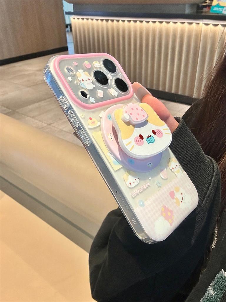 Kawaii Cartoon Cat Magnetic Pop Stand Clear Phone Case For iPhone 15 16 17 Pro Max INS Pink Cute Shockproof Protective Cover