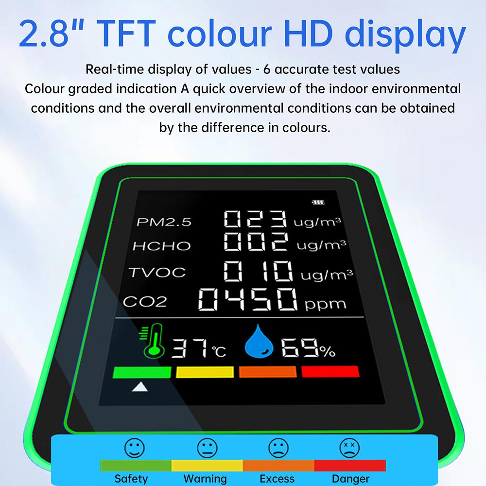 6 In 1 Air Quality Monitor Portable Rechargeable CO2 HCHO PM2.5 TVOC Household Air Detector 2.8-inch Color Screen Display