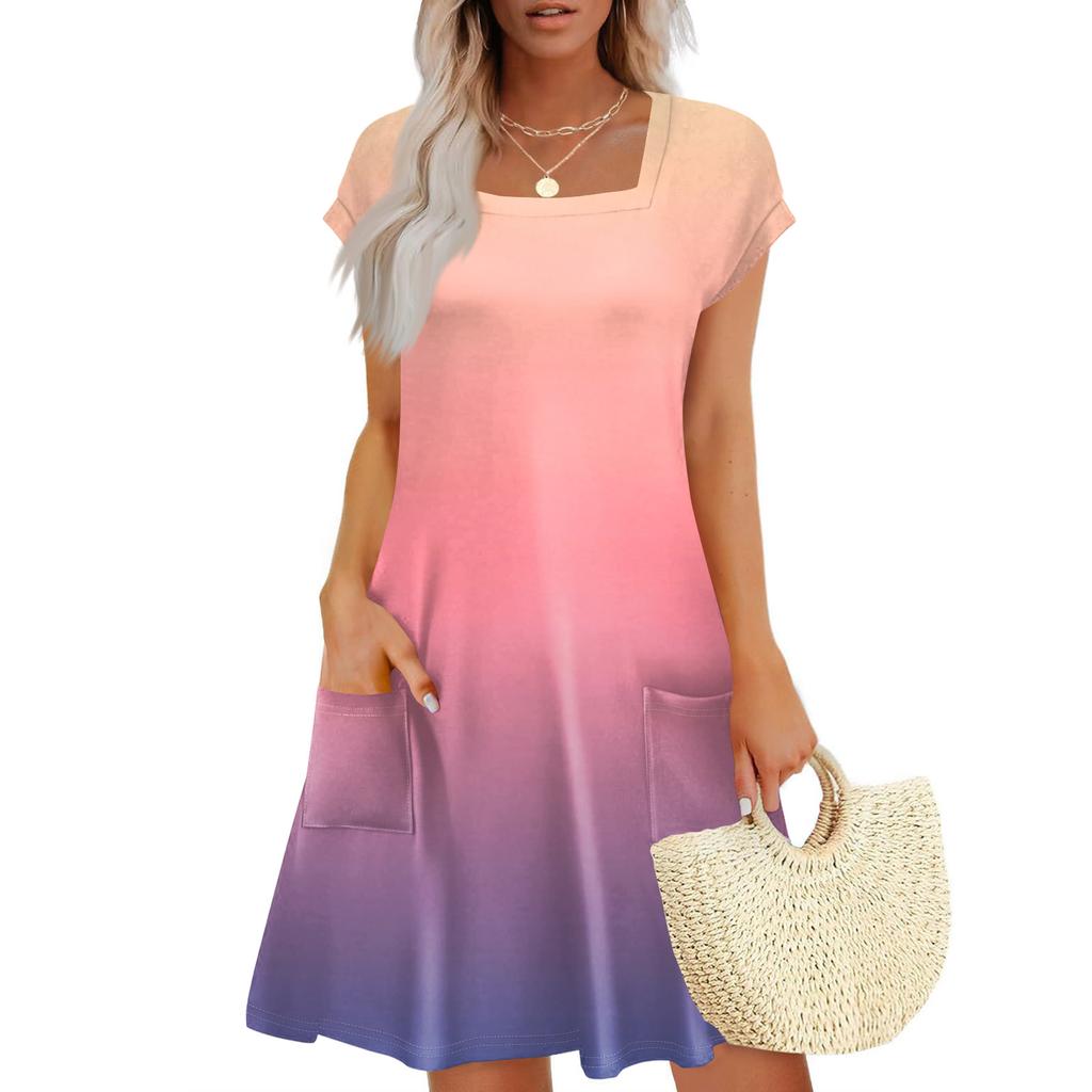 Summer Dresses For Women Loose Square Neck Cap Sleeve Casual Beach Vacation Tshirt Dress Sundresses With Pockets