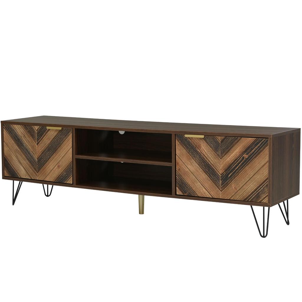 TV-Schrank, Lowboard mit 2 Türen aus Massivholzfurnier, goldene Griffe, Eisenfüße, 2 Fächer, Stauraum für TV & Zubehör, elegante Holzmaserung