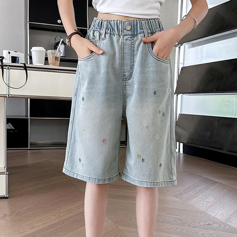 Summer Children Short Jeans Teen Girls Fashion Star Embroidery Wide Leg Denim Shorts Kid Casual Loose Knee Length Pants