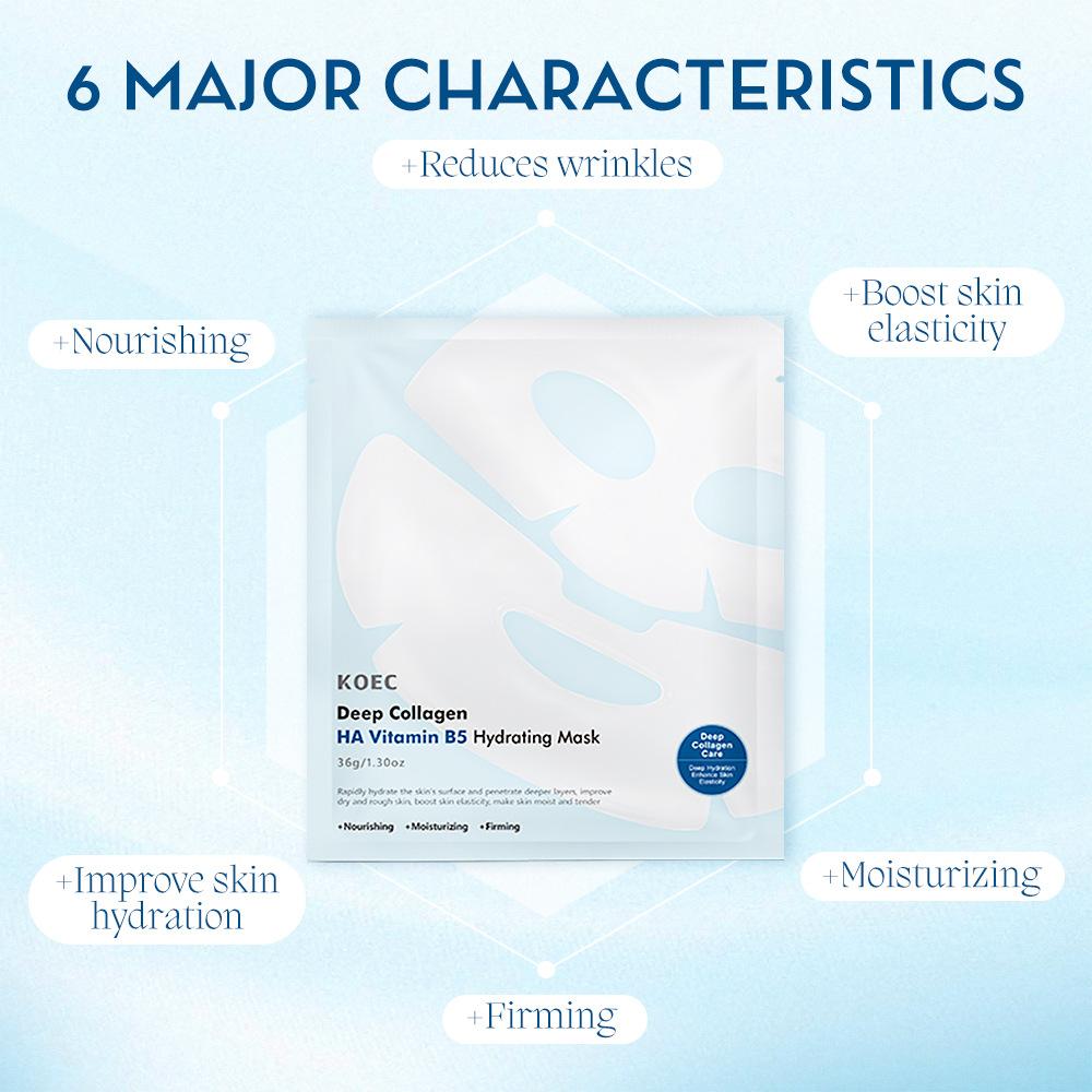 KOEC Collagen Face Mask with HA & VB5 Hydrating Transparent Sheet Mask Brightening Moisturizing 5 Pack