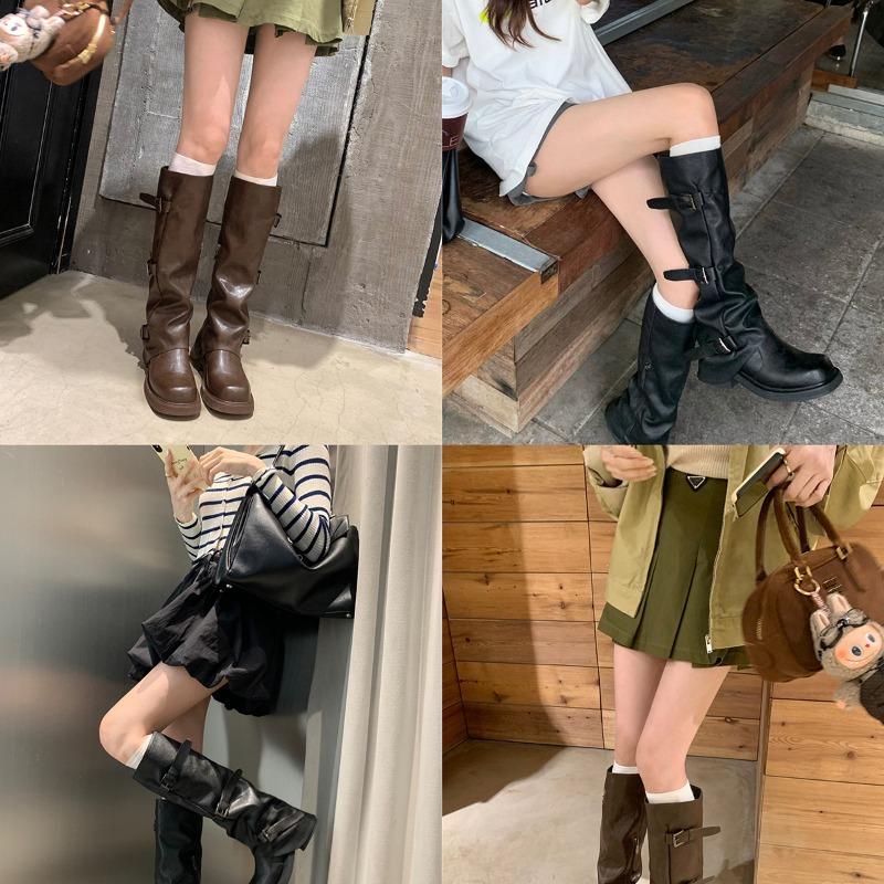 Height Increase 6 Fashionable Belt Buckle Square Round Head Pleated Medium Tube Knight Boots Women's Autumn High Boots Women's