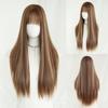 New Highlighted Brown Long Straight Wig for Women - Full Bangs One-Length Cut JK Schoolgirl Style Rejuvenating Daily Wear Full Cap Wig