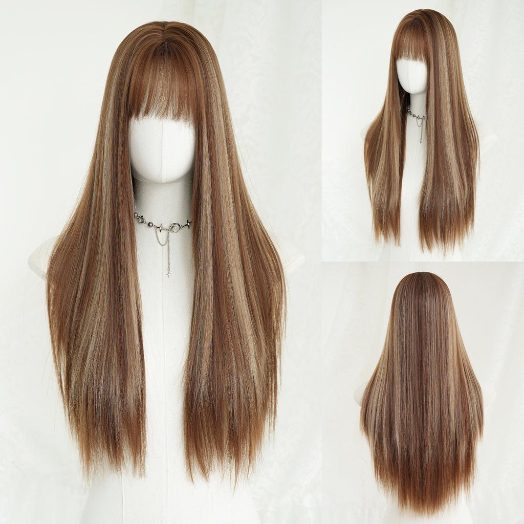New Highlighted Brown Long Straight Wig for Women - Full Bangs One-Length Cut JK Schoolgirl Style Rejuvenating Daily Wear Full Cap Wig
