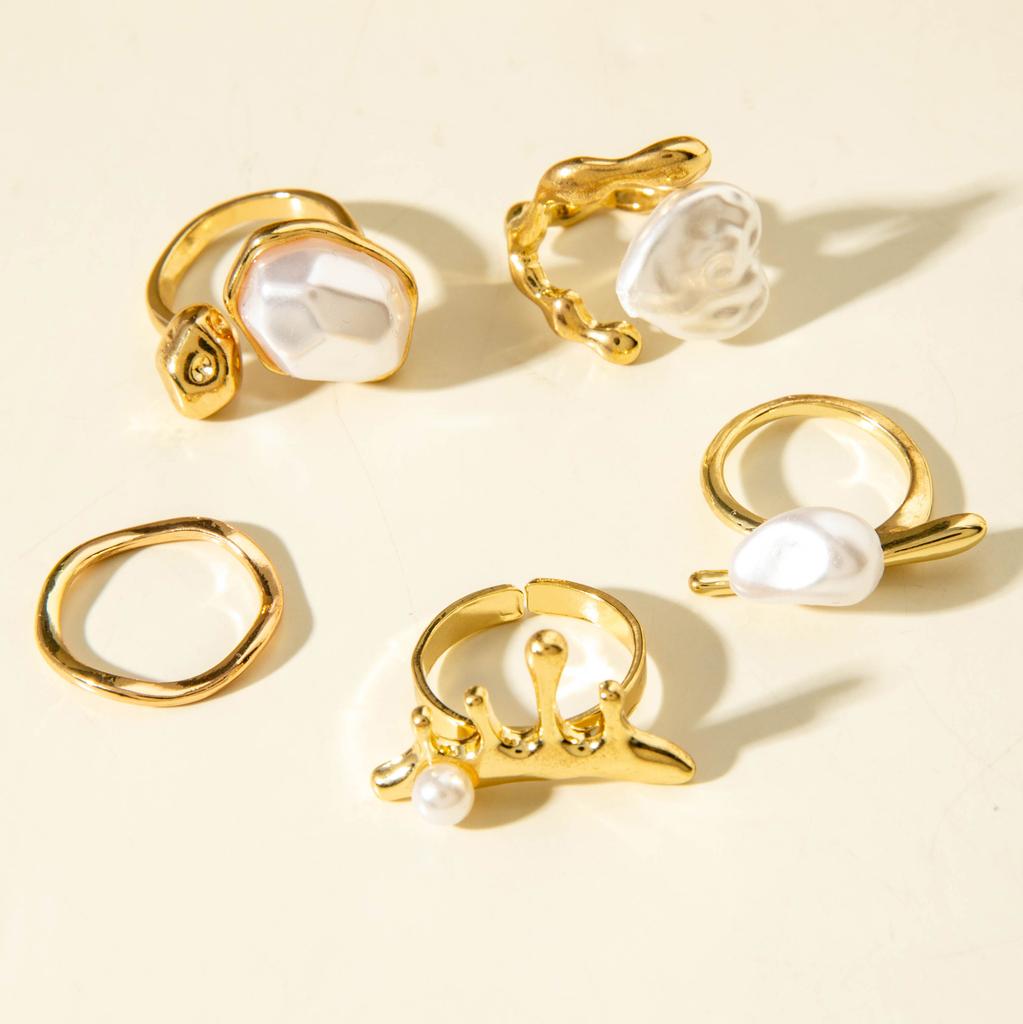 Women's Fashion Alloy Irregular Pearl Ring, Retro Ring 5-piece Set