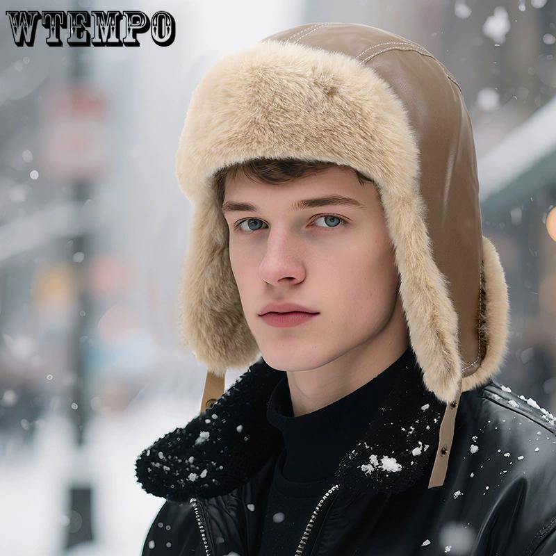 WTEMPO Faux Leather Plush Faux Fur Ear Protection Hats Couple Windproof Cold-proof Warm Bomber Hats Men's Autumn Winter Outdoor Cycling Skiing Hats