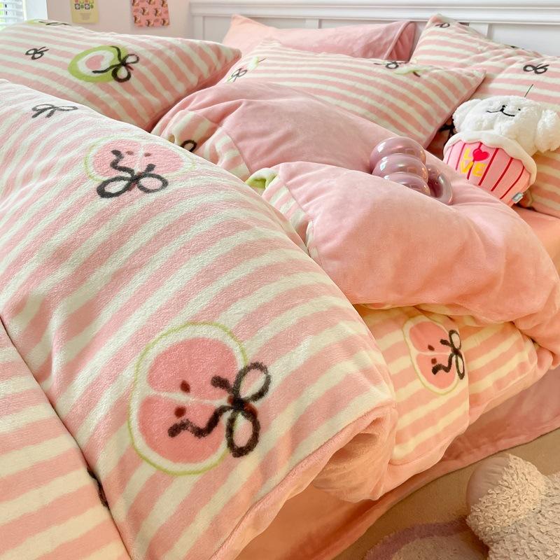 Thickened Milk Fleece Bed Four-Piece Coral Fleece Quilt Cover Double-Sided Flannel Fleece Bed Sheet Three-Piece Set