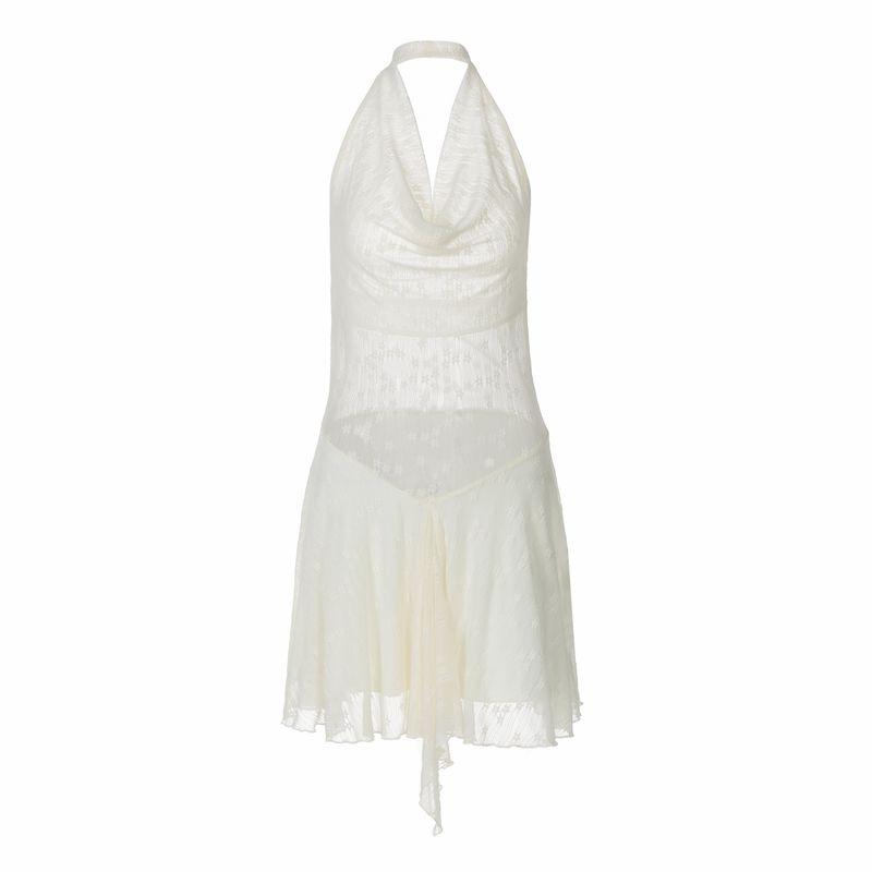 Shemoda Pure Desire Sexy Semi-Transparent Jacquard Lace Swing Collar Backless Halter Dress Women's Waist One-Step Short Skirt
