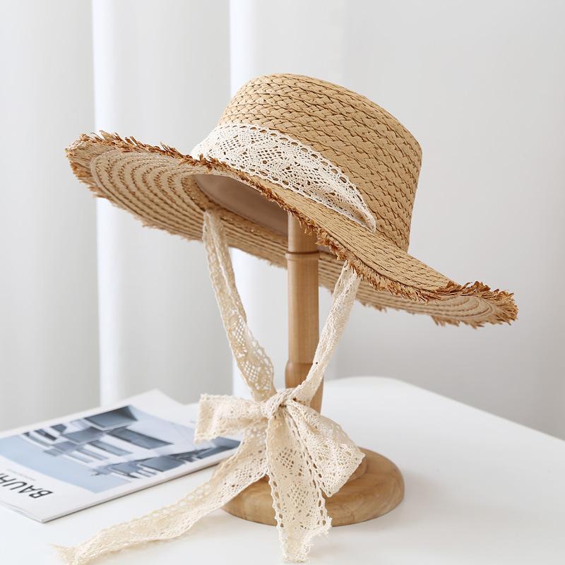 Hairy Woven Straw Hat Sun Hat Summer Flat Top Ribbon Tied Vacation Sun Hat Beach