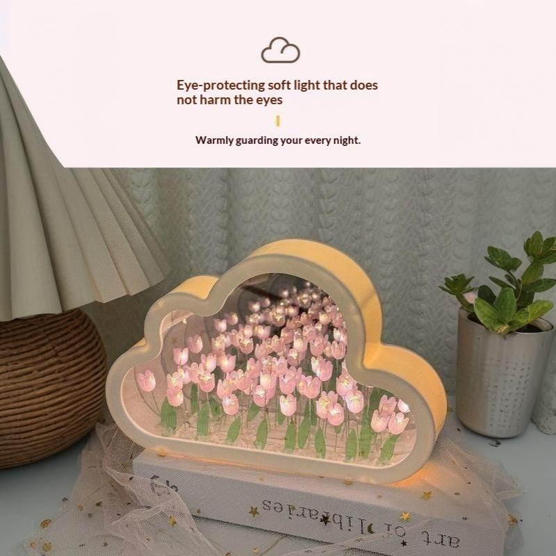 Cloud Shape Tulip Night Light Diy Mirror Flower Atmosphere Lamp Desktop Ornament Creative Handmade Gift For Bedroom Decoration