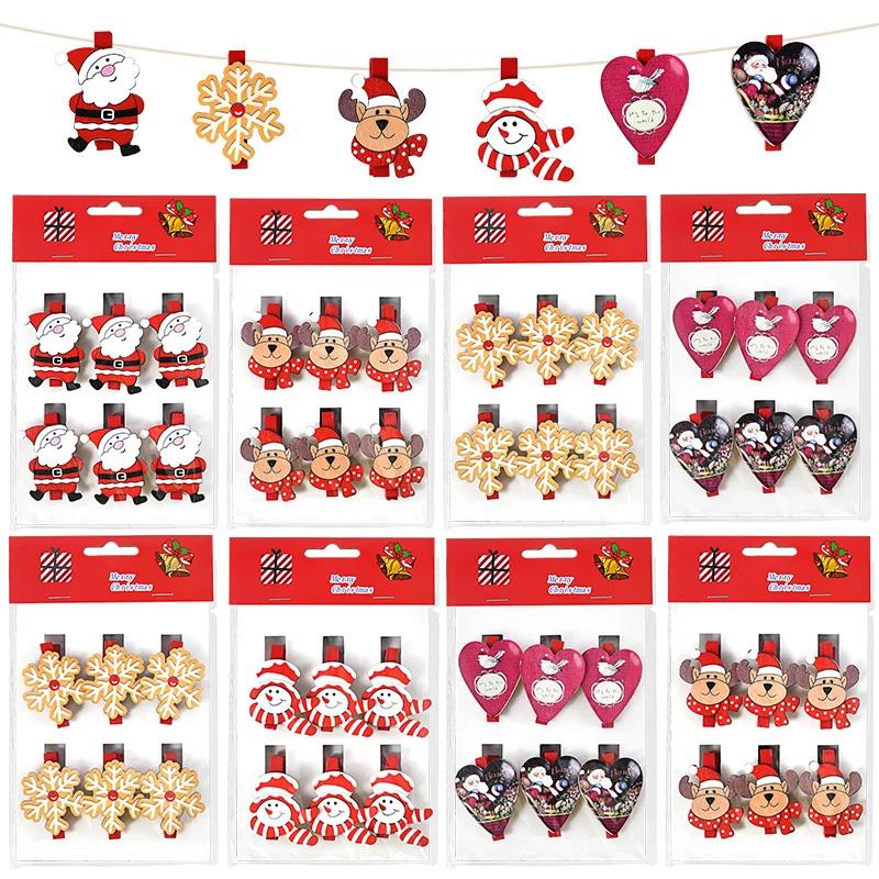 6PCS/SET Popular Christmas cartoon wooden clip with cute and exquisite decoration atmosphere