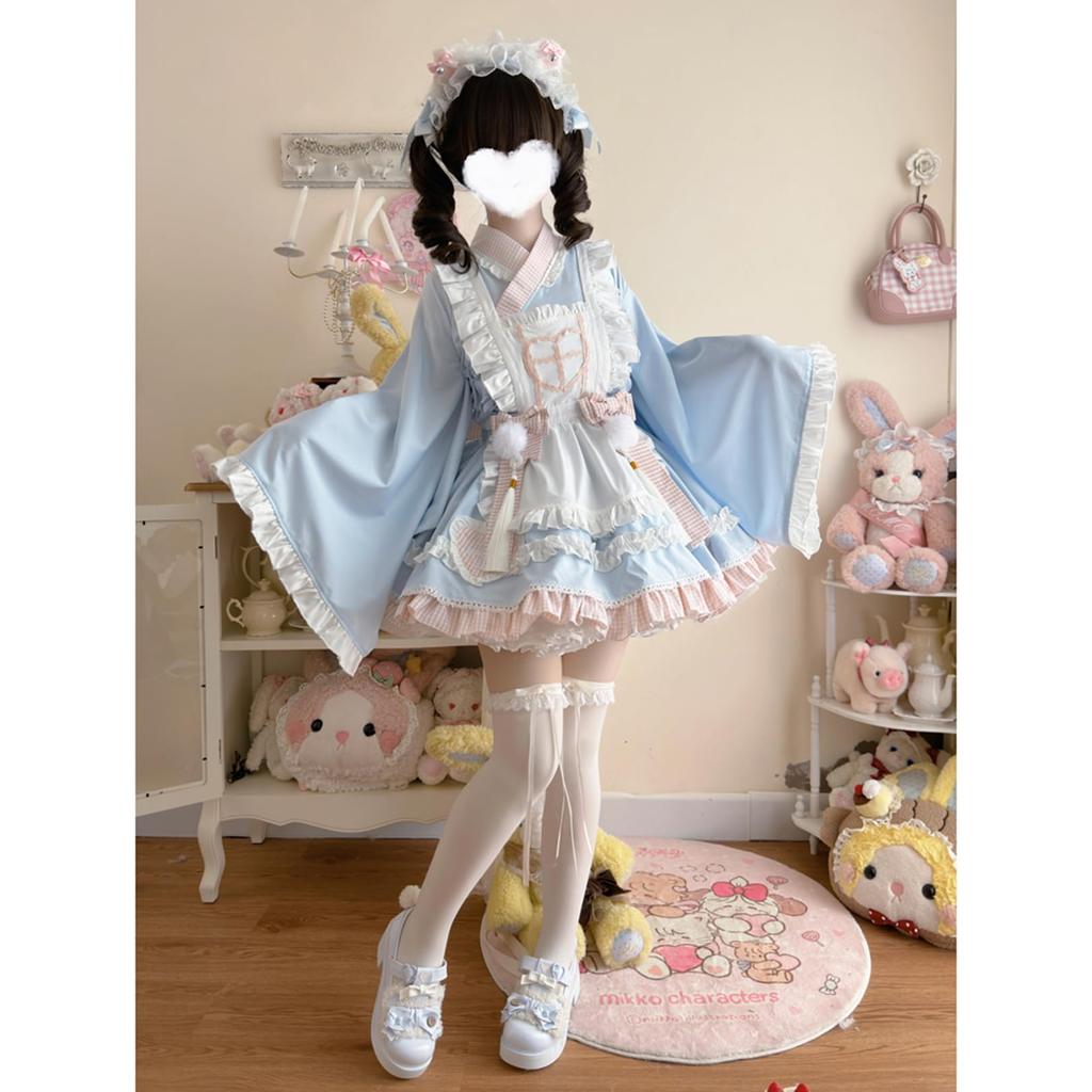 Toku and Yu Lolita Maid Japanese Kimono with Ribbon and Tassel Cute Checked Long Mori Girl Perfect for Tea School and Costumes Size Dress, Style,