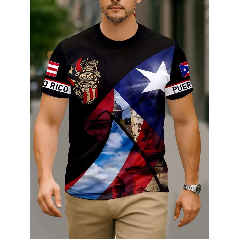 Men Puerto Rico Flag Symbol Fortress Landscape Print T-shirt Summer Short Sleeve O-Neck Patriotic Puerto Rican Sports Tee