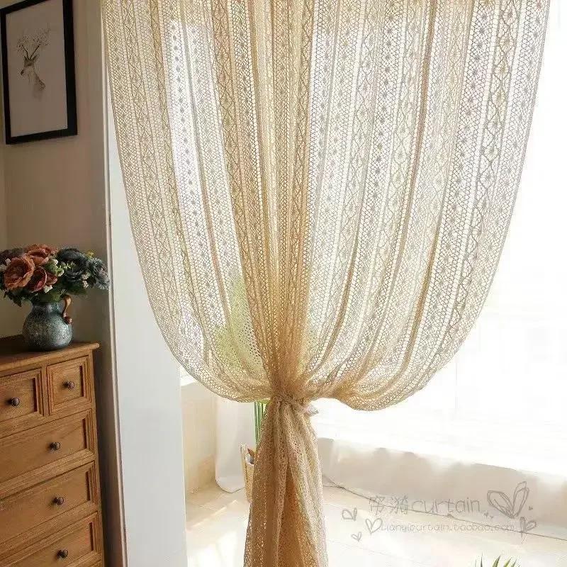 Cotton Hollow design Curtains Road Pocket Shade Curtain Tassel for Kitchen Bedroom Living Room Bay Window Cabinet Curtain