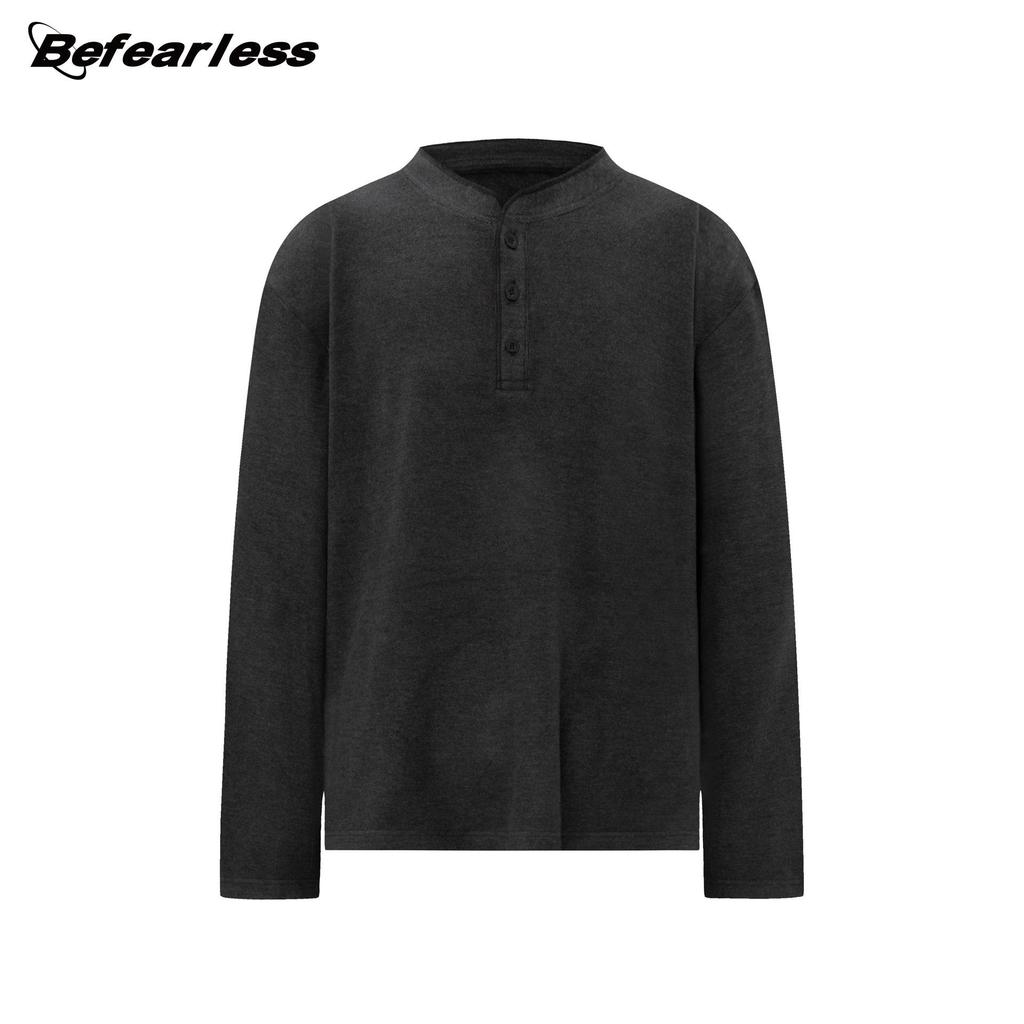 Unisex Retro Wool Henley Long Sleeve T-Shirt - Loose Fit Autumn Base Layer