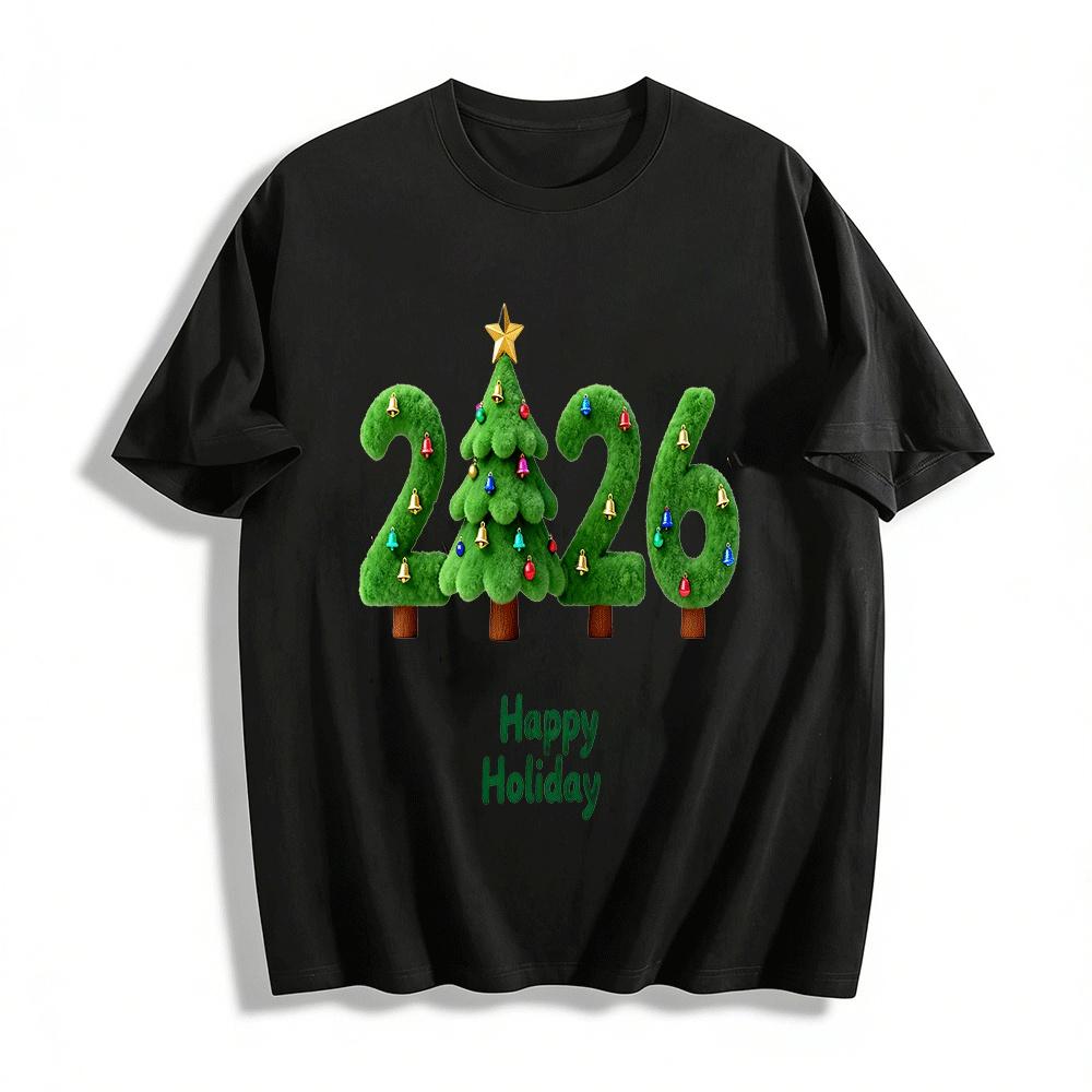 2026 Christmas Themed Fluffy Print Casual Top Pure cotton T-shirt XXS