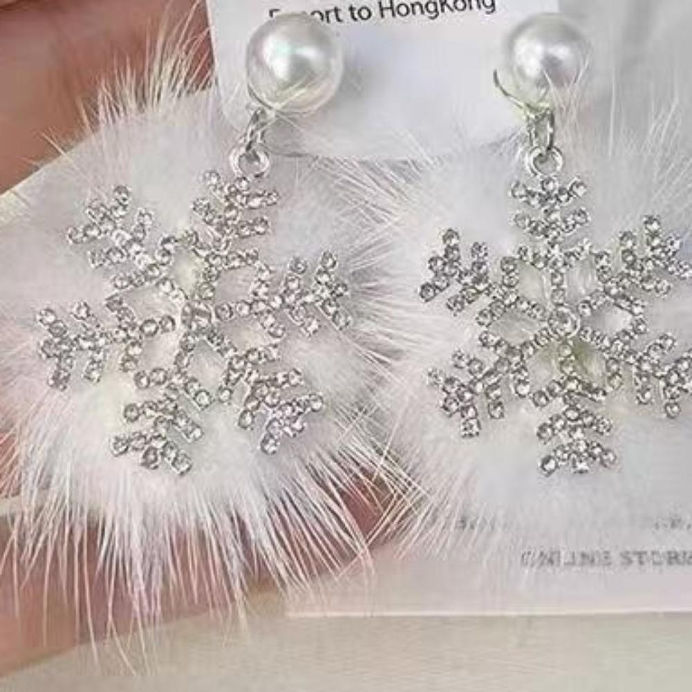 Glitter Plush Snowflake Dangle Earrings Elegant Winter Pearl Snowflake Earring Women Fashion Jewelry Christmas Earrings Women