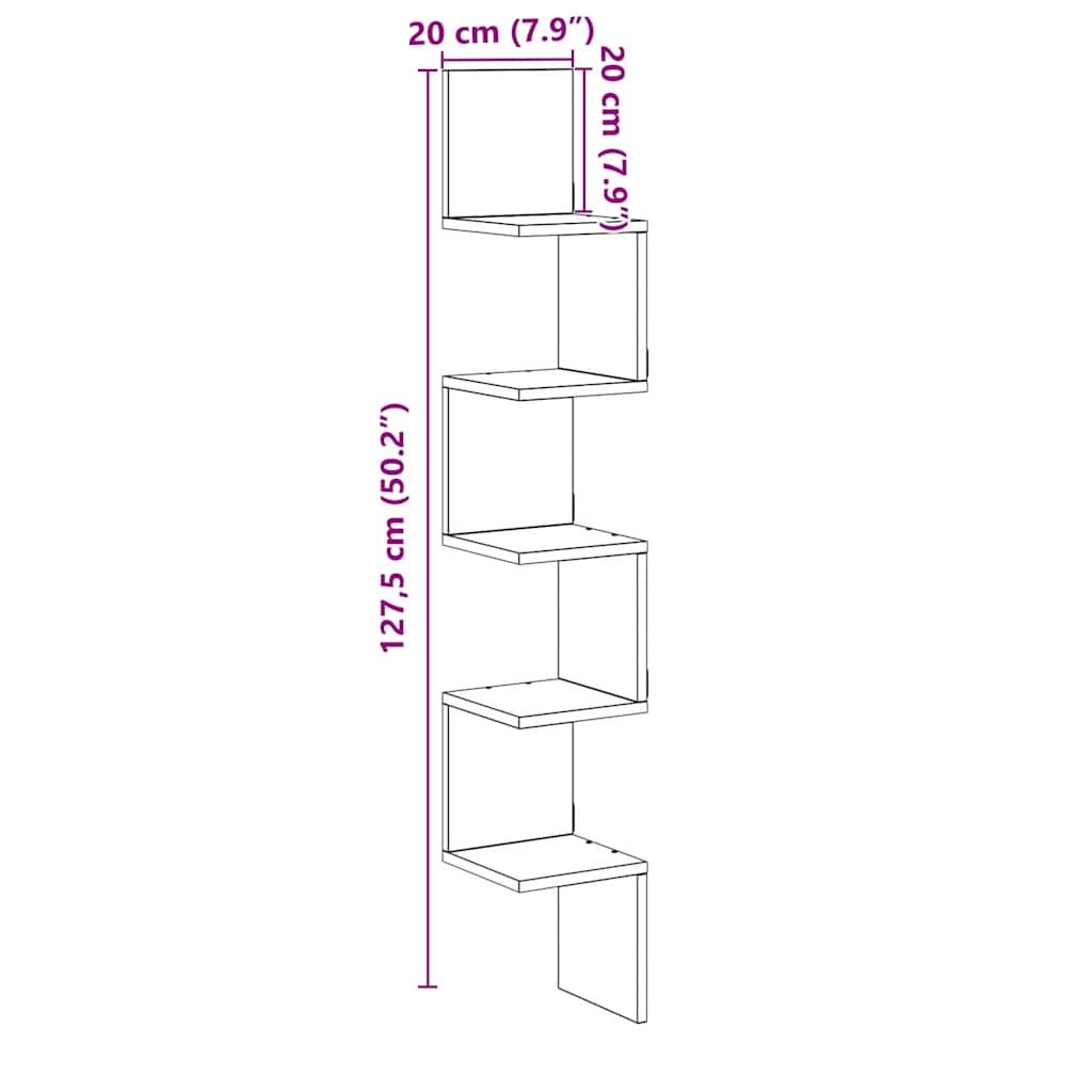 Creative design corner shelf, artistic wall mounted decorative storage rack, craft oak 20x20x127.5 cm material