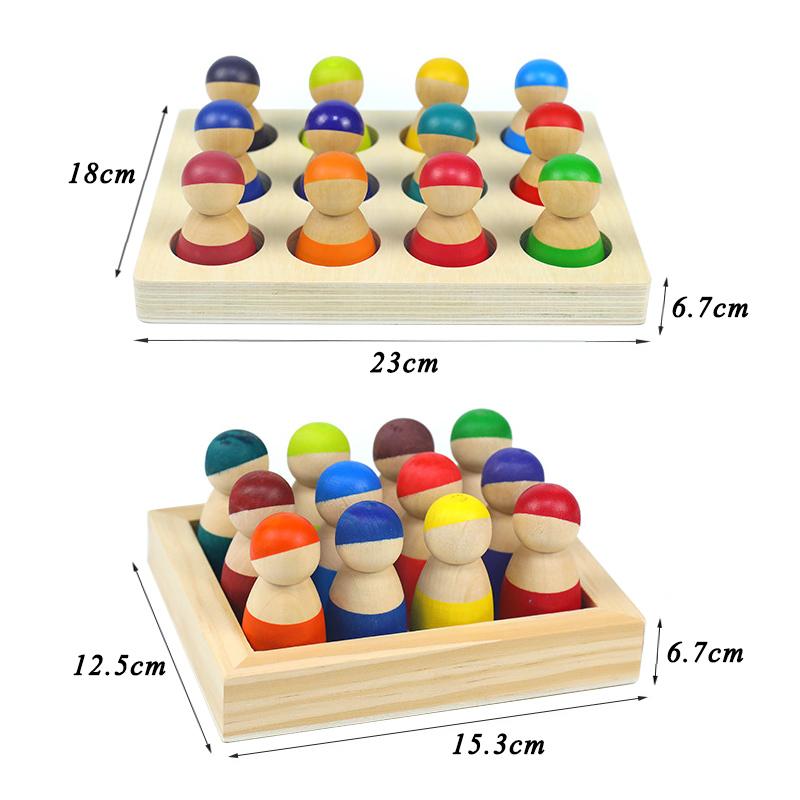 Montessori Sorting Board Puzzle Game Solid Wood Rainbow/Macaron Color Tray Villain Bead Color Cognition Matching Educational Toy