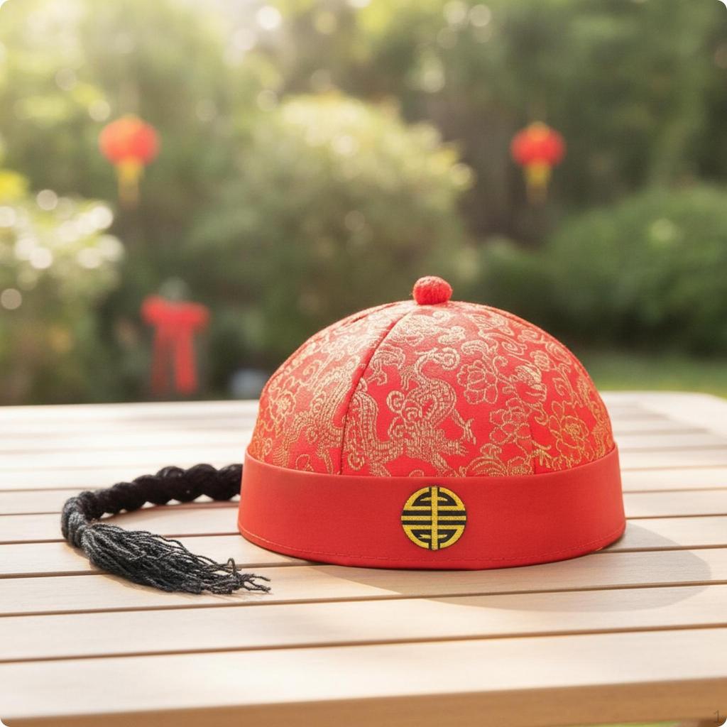 Chinese Costume Cap Traditional Ancient Satin Brocade Hat with Tassel for Entertainers,