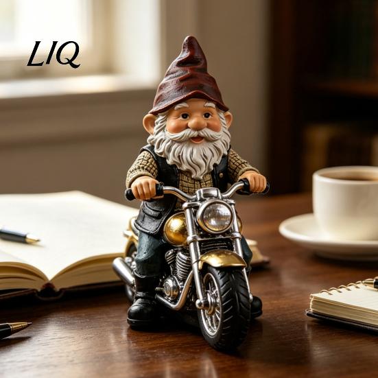 Decorative Gnome Figurine Riding Retro Motorcycle Figurine, Motorbike Dwarf Resin Statue Outdoor Sculpture Sculpture, Ornament for Home Office