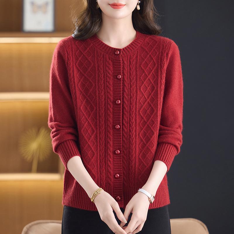 Women's Warm 100% Pure Wool Cardigan: Autumn/Winter Thick Knit Round Neck Sweater for Middle-aged & Elderly Moms