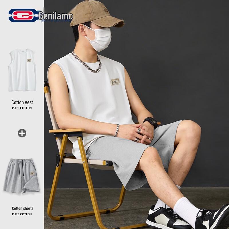 GENIOLAMODE Men s Pure Cotton Vest & Shorts Set L