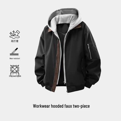 MEDE Herren Amerikanischer Stil Robuste Arbeitskleidung Kapuzenjacke Faux Zweiteiler Freizeitjacke