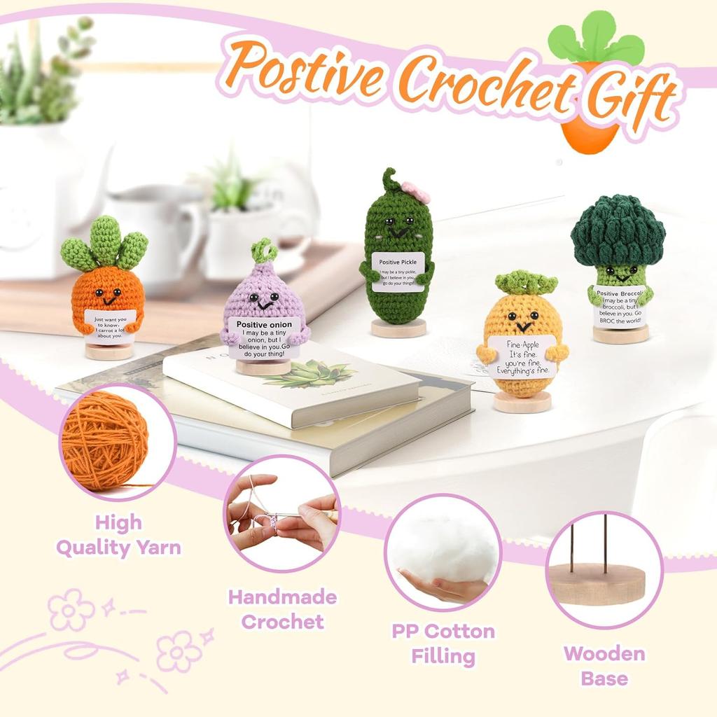 5PCS Emotional Support Crochet Doll with Base, Positive Crochet Vegetables Fruits with Positive Card Handmade Knitted Dolls Plush Cheer Up for