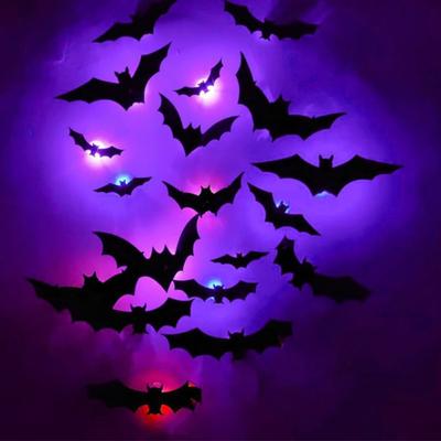 16 Pcs Halloween 3D Lighted Bat LED Bat Wall Stickers with Purple Light Spooky Light-up Glowing Bat Clings for Home Bar Halloween Party Decor