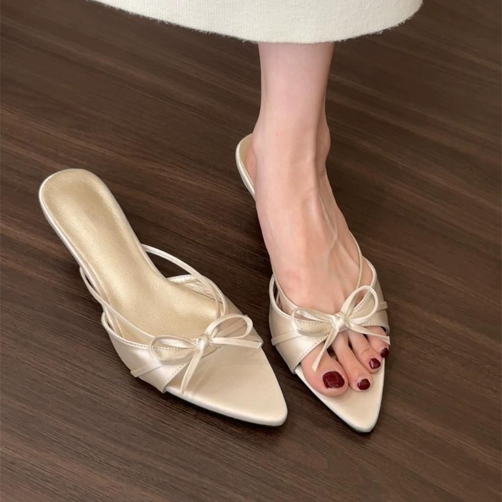 French Kitten Heel Nude Bow Cool Slippers Fairy Shoes Outer Wear 2025 Summer High Heels Pointed Sandals