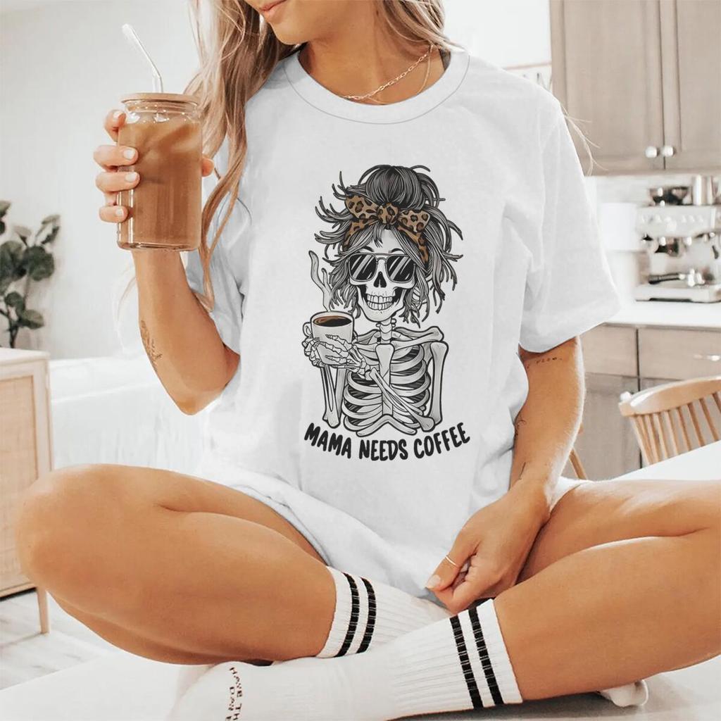 Mama Needs Coffee Vintage Womens Tshirts Fun Skeleton Coffee Print Graphic Short Sleeve T Shirt Casual Coffee Mom Tshirts Gift